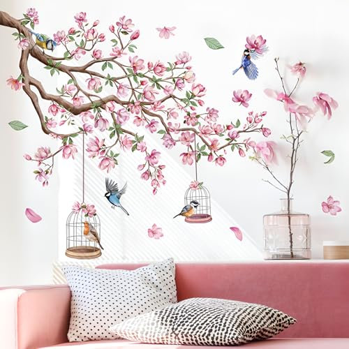 Large Pink Flower Tree Branch Wall Decals Cherry Blossom Tree Floral Birds Wall Stickers Peel and Stick Wall Art Decals for Bedroom Living Room Sofa