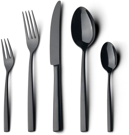 Alata Konrad 18/10 Edelstahl Poliert Schwarz Besteck Set 12 Personen, Essbesteck 60 teilig, Monobloc-Messer, Glänzend, Spülmaschinenfest