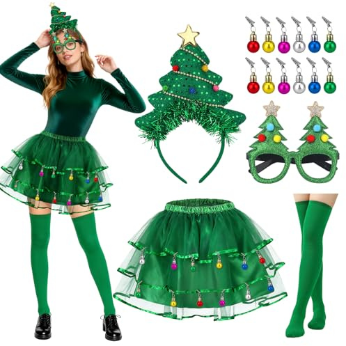 5 Pièces Déguisement Sapin de Noël Adulte Femme, Costume Sapin Serre Tete Lunettes de Fête Jupe Tutu Vert Chaussettes Hautes Pinces Boules, Accessoire Deguisement Noël Femme pour Festival Fête Cosplay