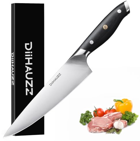 DiiHAUZZ Kochmesser, 20cm Klingenlänge Küchenmesser, aus Edelstahl 5Cr15MoV | Fleischmesser mit Ergonomischer Pakkaholzgriff, Scharfes Messer zum Schneiden, Würfeln