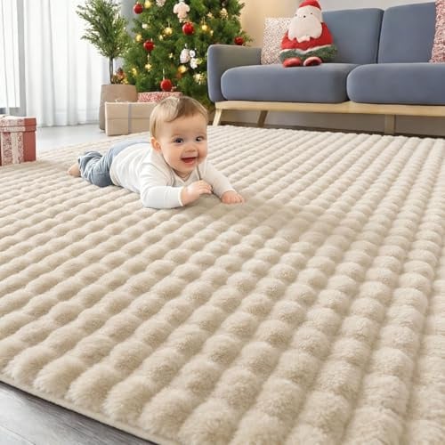 Homaxy 3D Bubble Waschbar Groß Teppich Wohnzimmer 120x160 cm, Beige | Antirutsch Waschbar Teppich, Weich Flauschig Teppiche fürs Kinderzimmer, Schlafzimmer