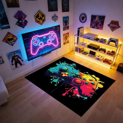 Clyrax Gaming Teppich, Cool Controller Spielmuster Teppich Schlafzimmer, 80×120Cm Dauerhaft Waschbarer Teppich für Arkade, Schlafzimmer, Wohnzimmer-Sofa-Bereich, Kinderzimmer
