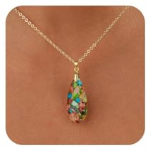 WATEFOER Heilstein Anhänger Halskette für Damen Edelstahl Goldkette mit bunten Naturstein, Edelstein-Tropfenanhänger-Halskette Boho-Schmuck Geschenke für Muttertag Weihnachten