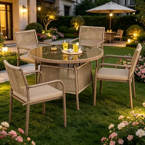 Soweiz Juego de muebles de jardín de ratán moderno, mesa redonda de cristal + 4 sillas con reposabrazos, estructura de hierro, adecuado para terraza/balcón/cubierta (marrón)