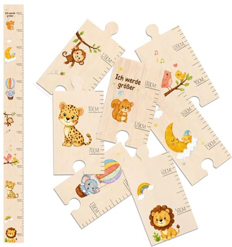 Messlatte Kinder Holz mit Tiermotiv, Puzzle Messlatte für Babyzimmer, Messlattes als Kinderzimmer Deko, Wand-Deko aus Holz für Das Babyzimmer, Tolles Taufgeschenke Jungen und Mädchen