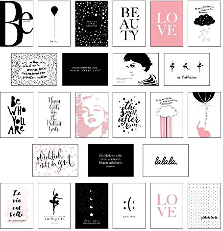 Schönes Postkarten Set mit 25 modernen und stylishen Postkarten zum Dekorieren oder Verschenken. Feminine Bilder, Sprüche und Statements für Frauen. Hochwertige Spruchkarten in dekorativer Box.