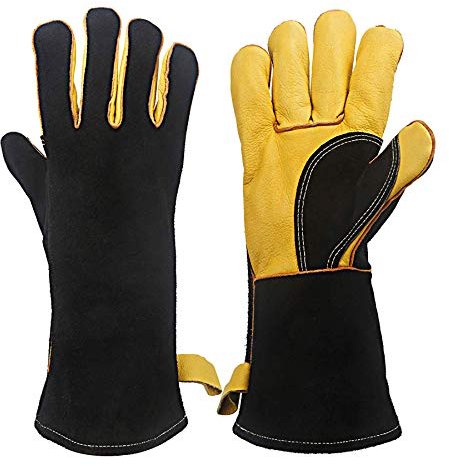 KIM YUAN Extreme hitze/feuerfeste Handschuhe, Leder mit Kevlar-Nähten, Handschuhe, perfekt zum Schweißen/Ofen/Grill/BBQ/Mig/Kamin/Herd/Topflappen/Tig-Schweißer/Tierhandhabung, (35,6 cm, schwarz)