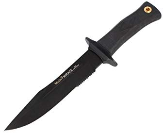 Muela Cuchillo Mirage MIRAGE-18N hoja de acero MoVa de 18 cm con recubrimiento antifricción PTFE y puño de goma para Caza, Pesca, Supervivencia y Bushcraft + Portabotellas de regalo