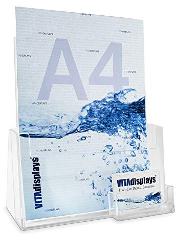VITAdisplays A4 Tisch-Prospektständer als standfester Prospekthalter und Aufsteller mit extra Visitenkartenhalter