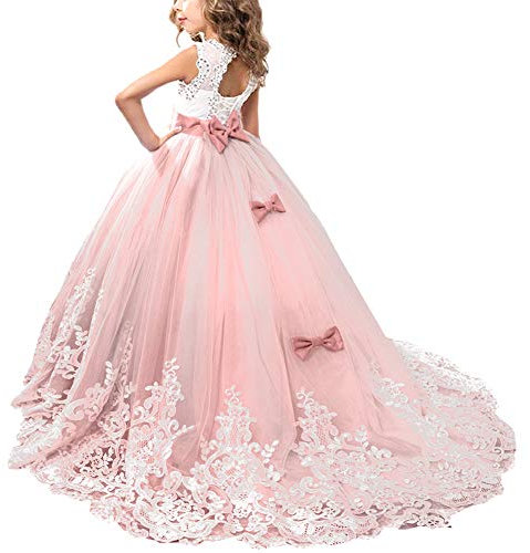 FYMNSI Vestito da Prima Comunione per Bambini Ragazza di Fiori Maxi Abito Lungo Tulle Vintage Pizzo Principessa Senza Maniche Abito da Cerimonia Formale Nuziale Damigella d'Onore Rosa 12-13 Anni