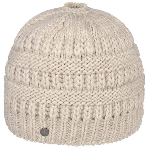 LIERYS Mütze mit Zopfloch Damen Strickmütze Beanie Schurwolle Alpakawolle Futter Baumwolle Herbst/Winter Hellbeige One Size