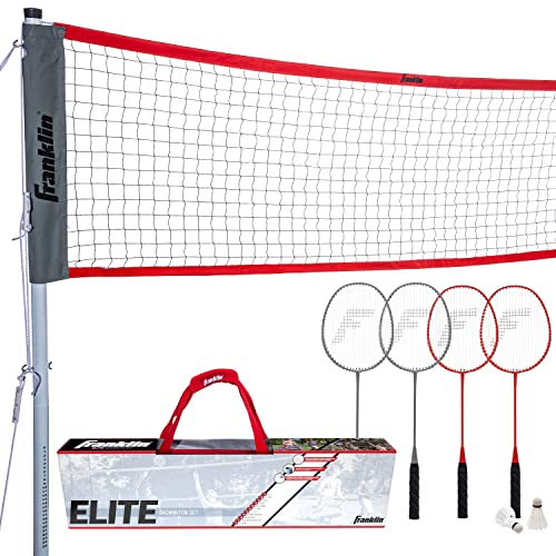 Franklin Sports Elite Badminton Net Set - Includes Badminton Rackets, Poles/Net, Stakes, Ropes, Boundary Kit - Beach or Backyard Volleyball Badminton- Easy Setup