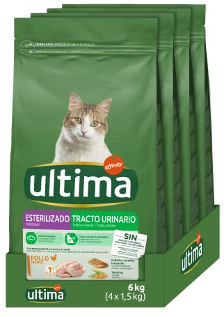 Ultima Sterilisiertes Katzenfutter zur Vorbeugung von Problemen mit dem Harnweg, mit Huhn, 4 x 1,5 kg, insgesamt 6 kg