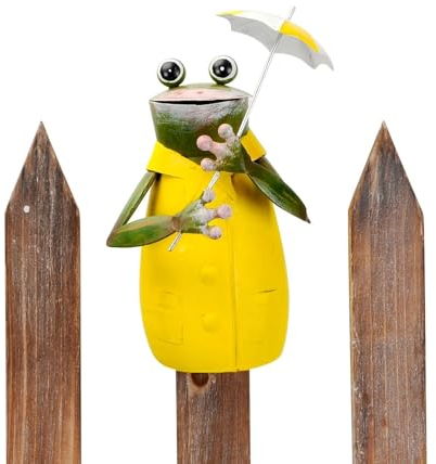 NETPROSHOP Zaunhocker Zaunfigur Rabe oder Frosch aus Metall, H: 15-25cm, Auswahl:Frosch gelb Schirm