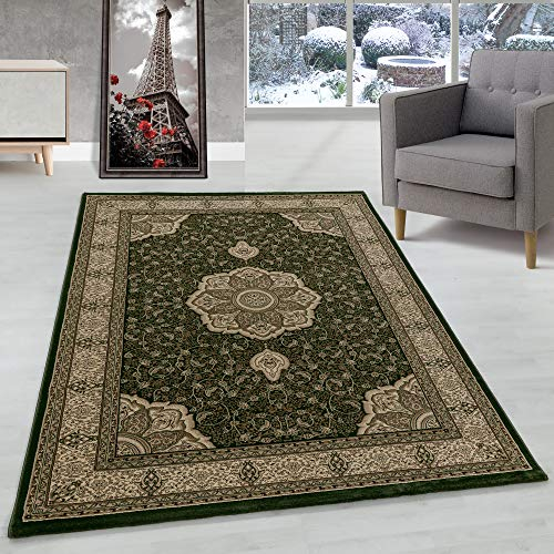 Orient Teppich Wohnzimmer Orientalisch Design Klassisch Optik Kurzflor Pflegeleicht, Farbe: Grün, Größe: 80 x 150 cm