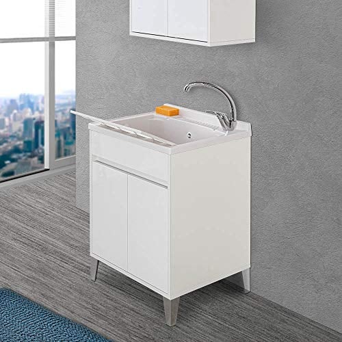 Inbagno Mobile Lavanderia con lavatoio in Resina Linea Way, L.59,3xP.49,8xH.85,5 cm, 3 colorazioni Disponibili, Include ASSE lavapanni e Kit sifone+piletta (Bianco Lucido)