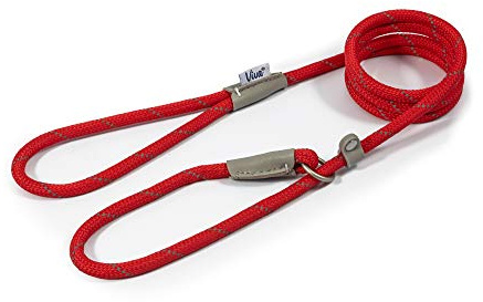 Ancol Viva Reflective Rope and Leather Slip Dog Lead - Red - Lightweight Weatherproof Durable Puppy Training Accessory - 1.5m x 8mm