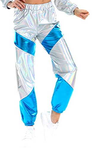 Damen Sporthose Taille Hose Cargohose Jogger Hose Glänzend Metallic Hip Hop Tanzhose mit Taschen Nachtclub Disco Dancewear Casual Streethose Silber-Blau Medium