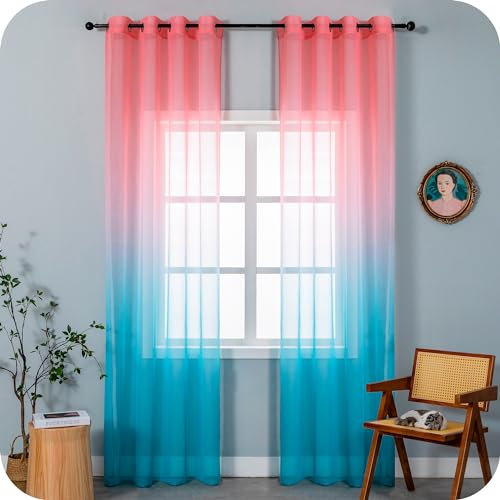 GIRASOLE HOME Coppia Tende Voile Semi Trasparenti Colore Sfumato Rosa e Celeste Tenda per Soggiorno Camera Cameretta Cucina e Interni 2 Pannelli con Occhielli 140x238cm