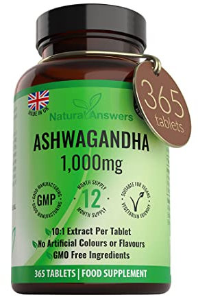 Natural Answers 365 x Ashwagandha 1000mg Per Tablet | 1 Year Supply of High Strength Vegan Tablets (Not Capsules or Pills) of Pure Powder UK Made Anxiety Relief