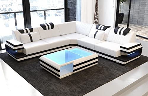 Ecksofa Ragusa Ledersofa L Form Sofa - mit LED Beleuchtung, verstellbare Kopfstützen/Lederfarben wählbar (Weiß-Schwarz)