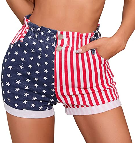 Faringoto Women's American Flag Print Denim Shorts High Waist Casual Jeans Shorts