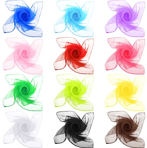 Haysandy 12 Pcs 50s Retro Chiffon Sheer Square Neck Head Scarf for Women Handkerchief Lightweight Satin Ribbon Hemmed Sheer Neck Scarf Juggling Dance, 27.5 x 27.5 Inches (Retro Color)