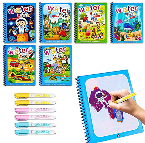 Cahiers de Coloriage à Eau 6 Pièces Coloriage Magique Book Livre de Coloriage D'eau Réutilisable Peinture Magique à L'eau Cahier de Dessin Magique pour Enfants 3 Ans Plus