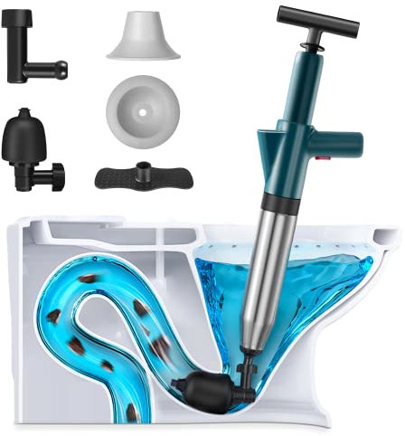 HOHONG Toilet Plunger, High Pressure Air Plunger Kit Air Drain Blaster Bathroom with 4 Replaceable Heads for Sink Toilet Floor Drain and Pipe Clog - Green