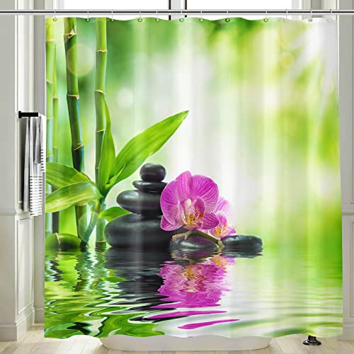 Vgzsyomqib 3D Zen Duschvorhang Anti Schimmel Wasserdicht für Badewanne Yoga Orchidee Stoff Bad Vorhang Shower Curtains 180x180 Lang Grün Bambus Gelb Duschvorhänge Waschbar Textil mit Haken