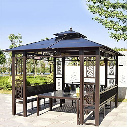 HJDSUDU Gazebo in Metallo per Esterni a Doppio Tetto, Pergolato a Doppio Tetto ventilato con Tavolo e Sedie, Padiglione Hardtop in Policarbonato per Esterni, per Prato e Giardino,3x3m