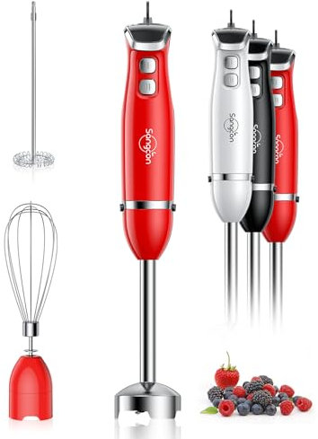Sangcon Handheld Immersion Blender, 3 in 1 Electric Hand Blender, 400W Hand Blender, Stainless Steel Blender with Whisk, Milk Frother Accessories, Red
