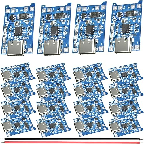 Youmile 20 pcs Lithium battery charging module 5V 1A Charging Module 18650 Lithium Battery Charger board Type-c USB with Protection Function with 26AWG red and black cable