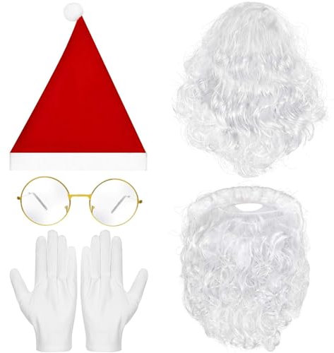 Weihnachtsmann Bart und Perücke Mütze Brille Handschuhe Nikolaus Bart und Perücke Weihnachtsmannbart 5 Stück Santa Claus Zubehör für Weihnachten, Familientreffen, Cosplay