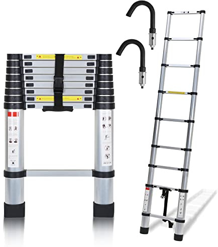Eulenke Échelle télescopique 3,2 m avec 2 Crochets Amovibles, echelle Pliante en Aluminium, Portable et Antidérapante escabeau Charge jusqu'à 150 kg, Échelle Extensible Multi-usages Haute sécurité