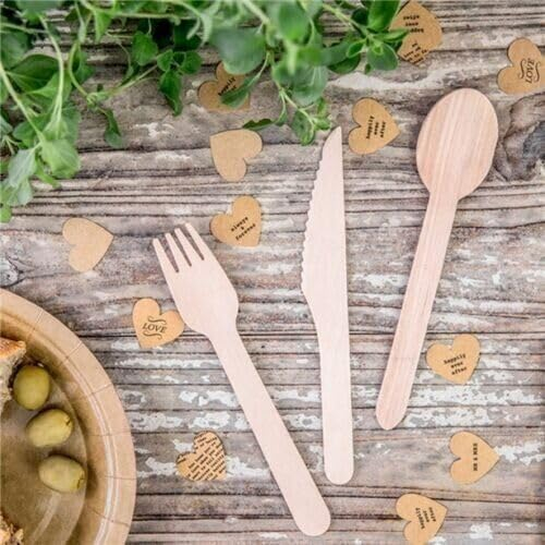 Disposable Wooden Cutlery Set Eco Friendly, Biodegradable & Plastic Free 100x Forks, 100x Spoons, 100x Knives & Mixed Set 16cm Size for Wedding Party Etc (100pcs X Fork)