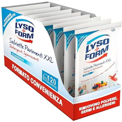 Lysoform Salviette Igienizzanti XXL, Formato Risparmio 8 Pezzi x 120 Salviette, Salviette Igienizzanti Pavimenti, Rimuovono Polvere e Germi, Senza Risciacquo, Monouso, Profumo Classico