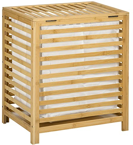 HOMCOM Cesto para Ropa Sucia de Bambú Capacidad de 55L Cesta para la Colada con 2 Asas y Bolsa Extraíble Forma de Rectangular 50x36x60 cm Natural