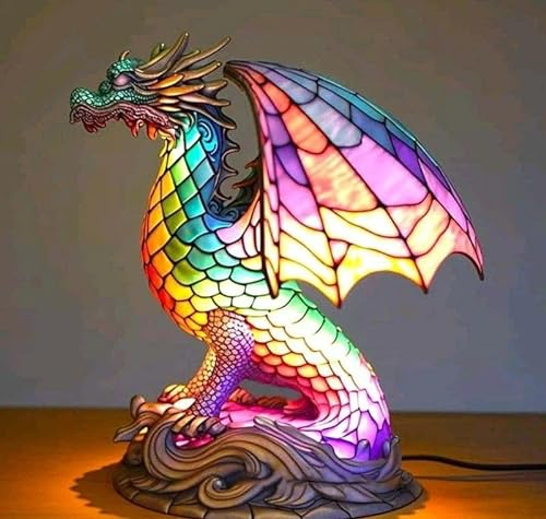 EHOTER Tier Tischlampen Serie Buntglas Tierform Retro Nachtlicht Vintage Tischleuchte Harz Böhmische Tierlampe Nachttischlampe für Heimdekoration Tierliebhaber Weihnachtsgeschenk (Drache)