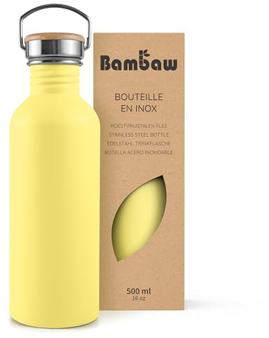 Bambaw Gourde Inox 500ml, Gourde Sport Jaune, Bouteille d'Eau Non-Isotherme, Gourde Inox Enfant, Gourde Velo, Gourde Metal Enfant – Jaune Impérial