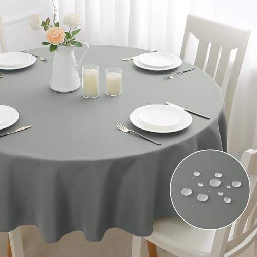 mosayt Tischdecke Abwaschbar Rund 240 cm Leinenoptik Tischtuch Lotuseffekt Leinendecke Fleckschutz Tischwäsche Hell Grau für Esszimmer, Garten, Hochzeiten