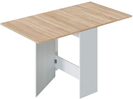 amuéblate online Mesa Auxiliar con Alas Abatibles, Mesa Cocina, Acabado en Color Blanco Artic y Roble, Modelo Wings, Medidas: 77 cm (Largo) x 31-140 cm (Ancho) x 79 cm (Alto)