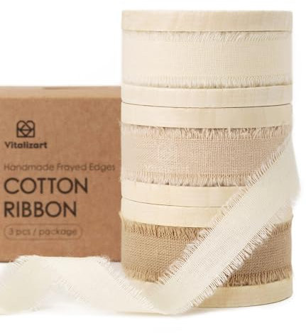 Vitalizart Baumwollband 1,6 cm x 19,2 m (3 Rollen*6,4 m) Nackt & Weiß, Handgefertigte Fransen Naturstoff Bänder für Hochzeit Einladungen Brautsträuße Geschenkverpackung Urlaub Dekoration