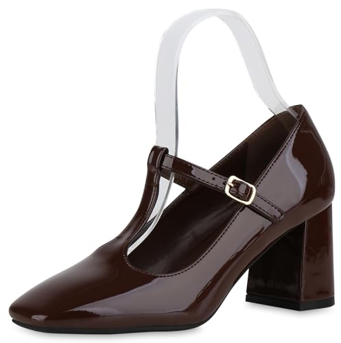 VAN HILL Damen Mary Janes Blockabsatz Lack Party Schuhe 215409 Dunkelbraun Lack 37