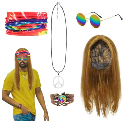 XNIVUIS 5 Pcs Hippie Kostüm Damen Herren 70er Hippie Kostüm Set, Herren Hippie Perücke, 70er 80er Jahre Disco Perücke Lang Disco Perücke für Karneval Halloween, Mottoparty Fasching Karneval (5 Pcs)