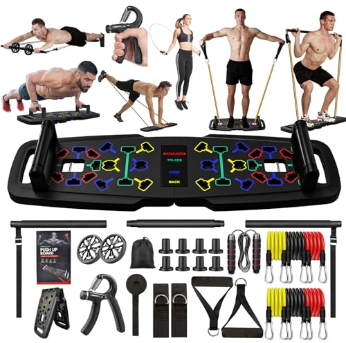 22-in-1 Home Gym Equipment, Portable Push Up Stands Press Up Board Handles for floor Home Gym Systems with 36 Gym Accessories, Resistance Band Bar,Abdominal Rollers (Black)