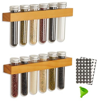 SweetSage Gewürzregal magnetisch für Kühlschrank, Holz Gewürzregal Regal Set Wandbehang mit Aufbewahrungsröhren und Etiketten für Küchenschrank oder Speisekammertür 2er-Pack (2, braun)