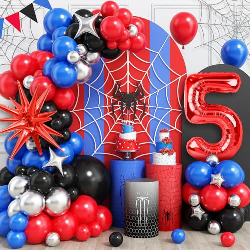5th Birthday Decorations for Boys, Royal Blue Black Red Silver Balloon Garland Arch Kit with 40 Inch Red Number 5 Balloon Tower, 5th Birthday Balloons for Kids Theme Party