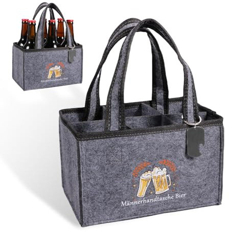 Komoke Männerhandtasche & Bierträger für 6 Flaschen – Wiederverwendbare Flaschentasche mit Trennwänden & Griff – Ideal für Party, Reise & Picknick – Biertasche für Männer
