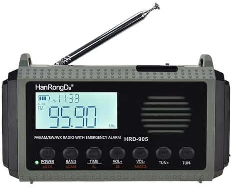 Docooler HRD-905 Radio AM FM SW WB Radio d'urgence d'extérieur avec alarme SOS, lampe de poche, lampe de lecture, manivelle solaire, charge de type C